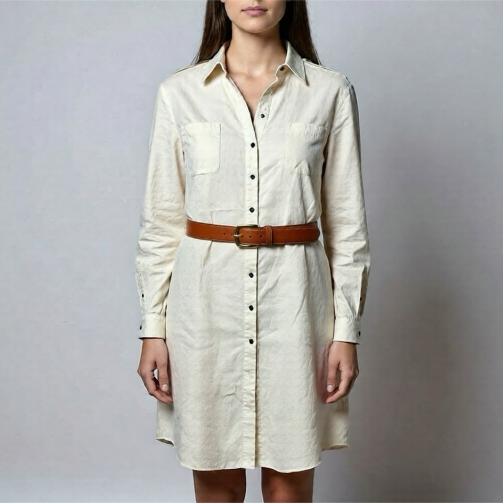 Anne KleinโCreamโGoldโShimmerโButtonโDownโTunicโDressโShirtโSizeโLarge